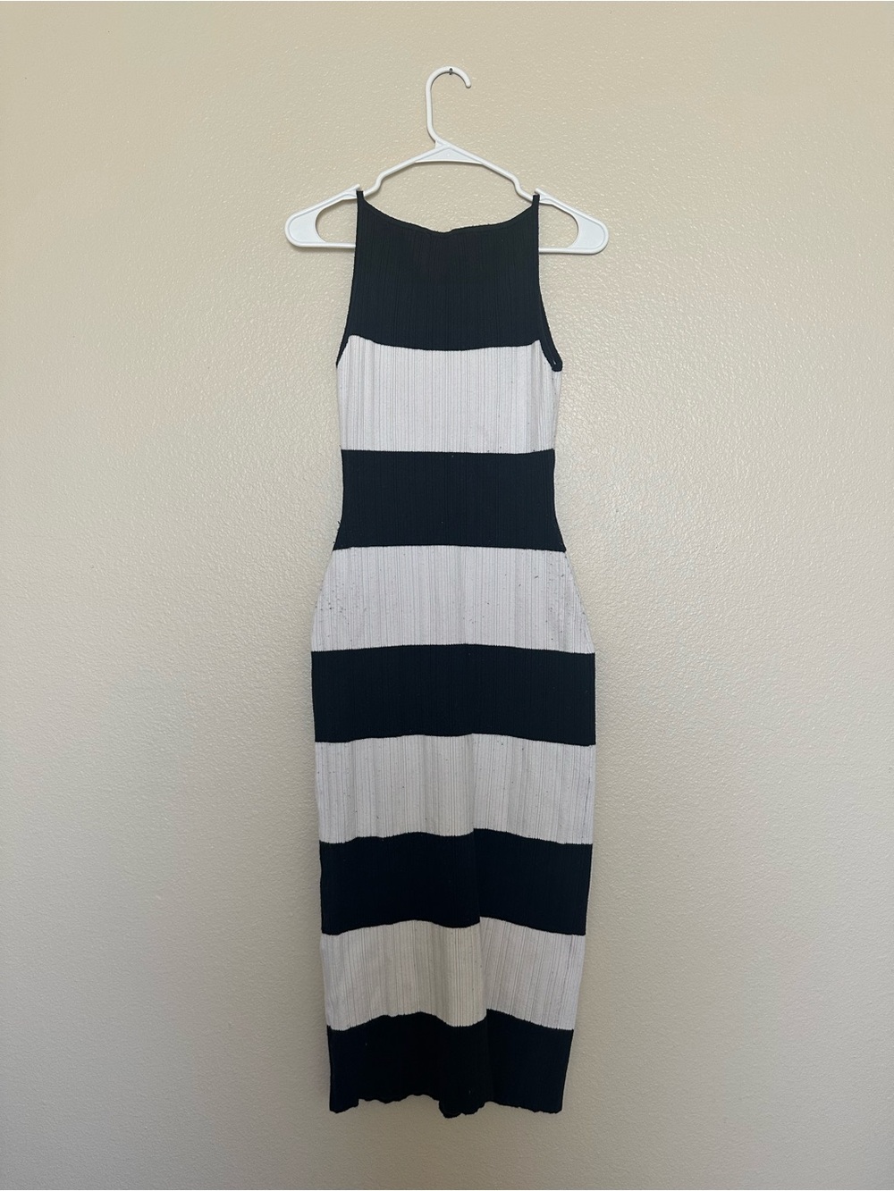 Abercrombie & Fitch Black and White Striped Ribbed Midi Dress